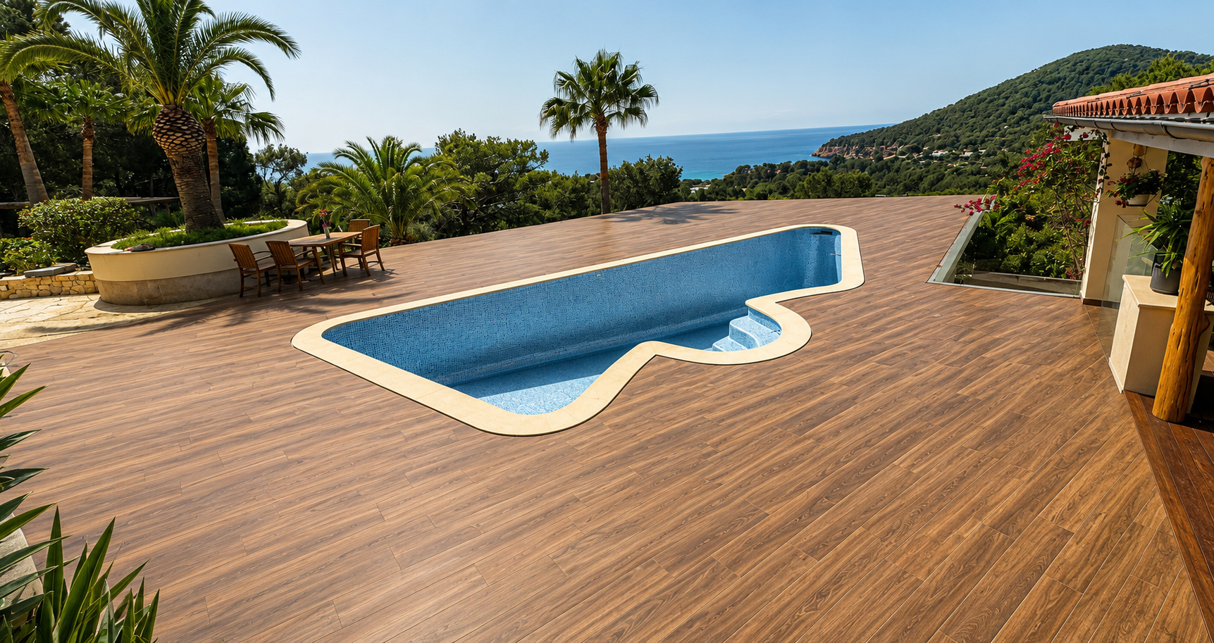 suelo_1 Suelo de madera exterior alrededor de una piscina con vistas al mar